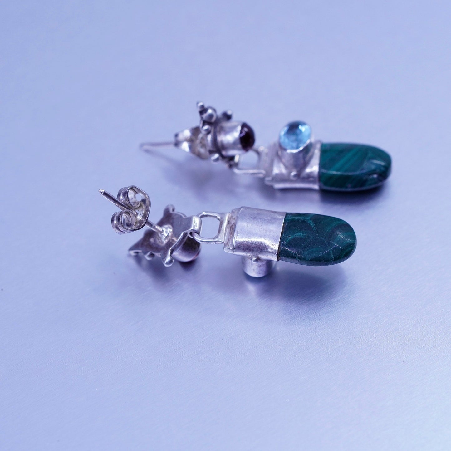 Vintage Sterling 925 silver handmade earrings with malachite topaz and garnet