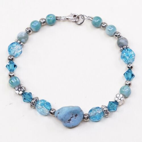 7”, Vtg Sterling Silver Handmade Bead Bracelet, 925 Crystal N Turquoise Veads