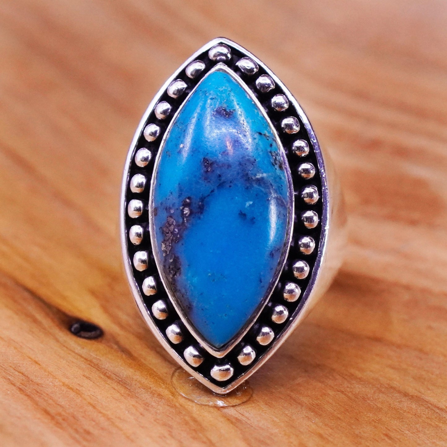 Size 9, vintage Sterling 925 silver handmade ring with marquise turquoise beads
