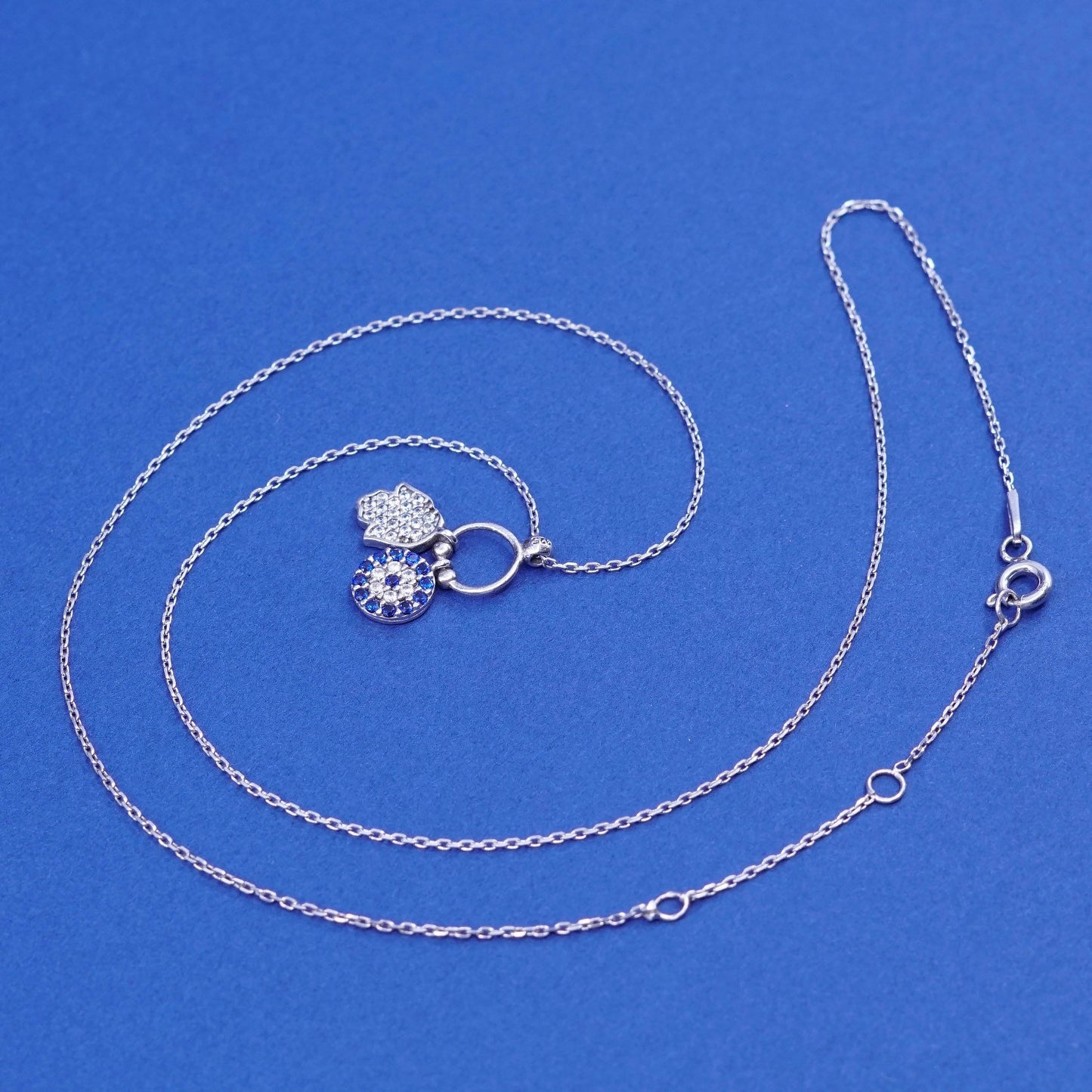 16+2”, vtg Sterling silver necklace, 925 circle chain with Crystal hand pendant