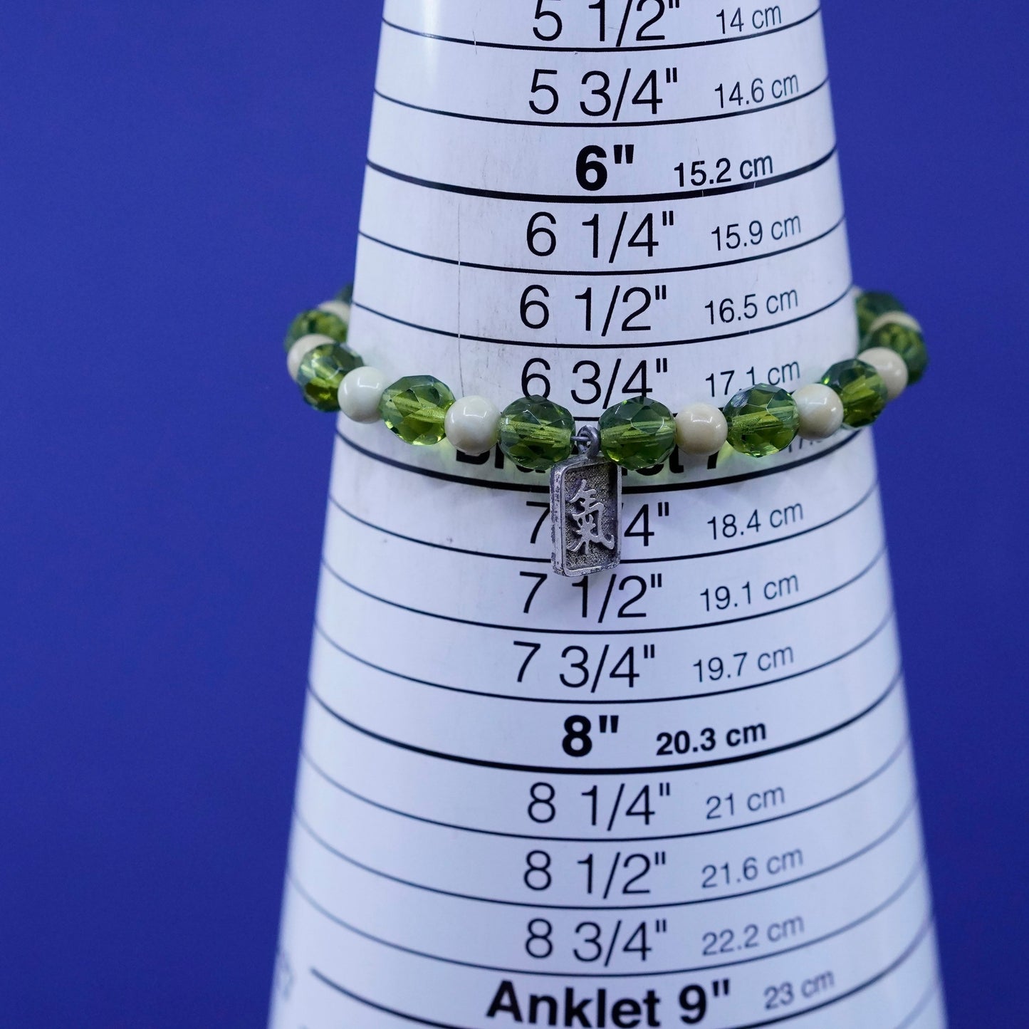 7”, sterling 925 silver handmade bracelet w/ green crystal beads energy charm
