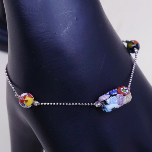 6.5”, Vtg Sterling Silver Handmade Bracelet, 925 Beads W/ Murano Glass Beads