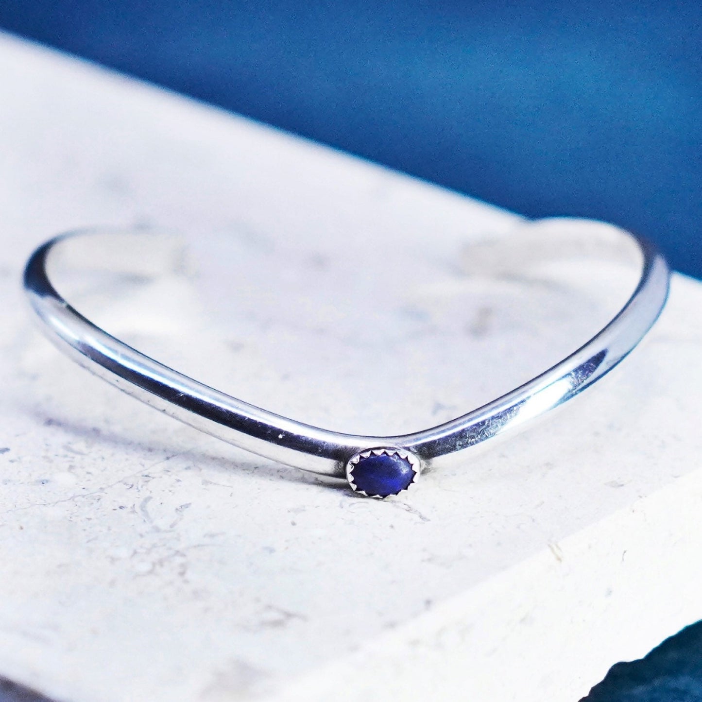 6.25”, vintage Wedow Sterling silver handmade bracelet, 925 V cuff lapis inlay