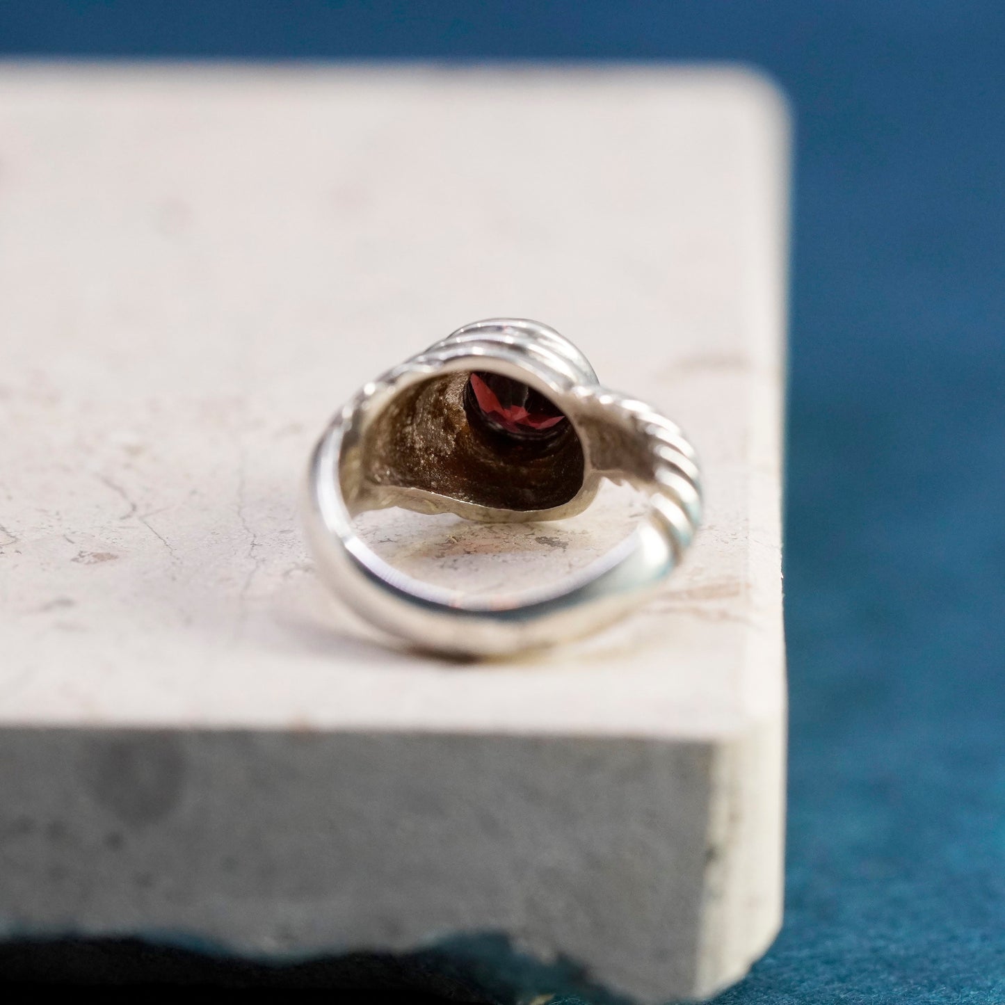 Size 5, vintage Sterling 925 silver handmade ribbed ring with Ruby