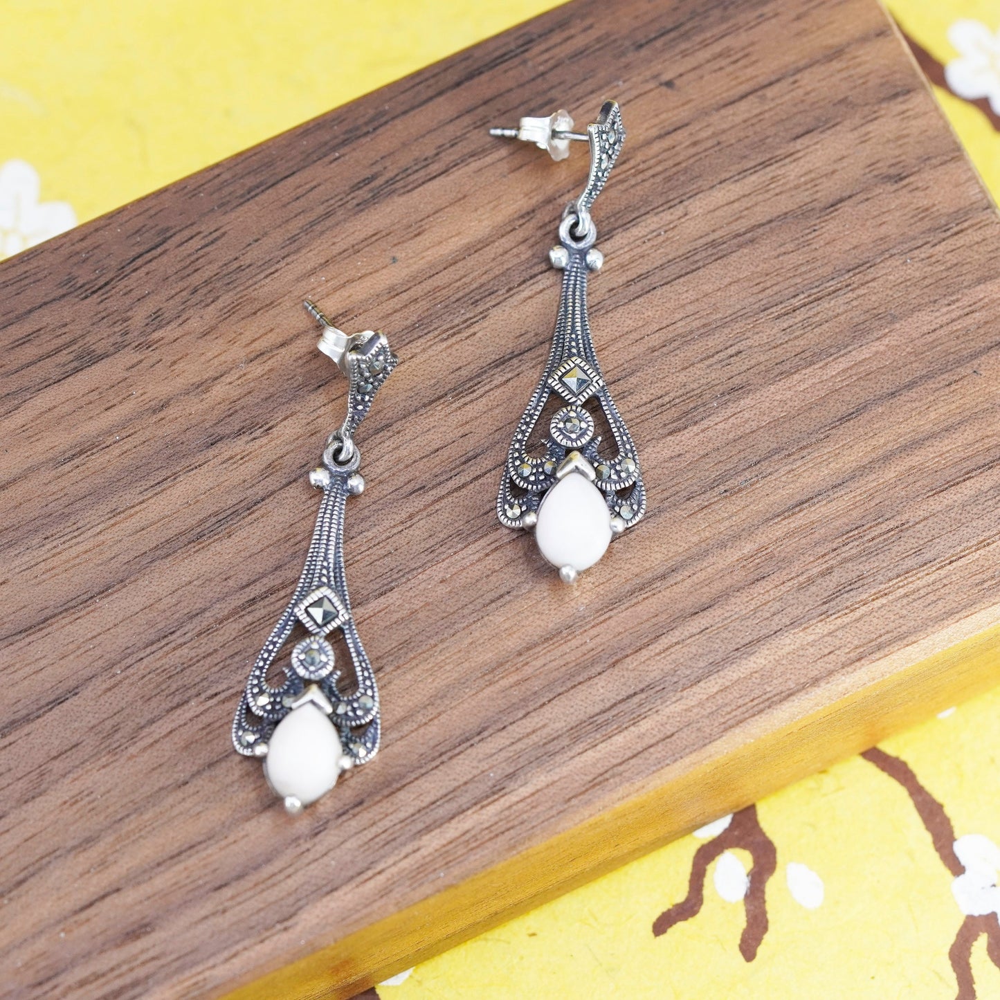 Sterling 925 silver handmade teardrop earrings with moonstone and marcasite