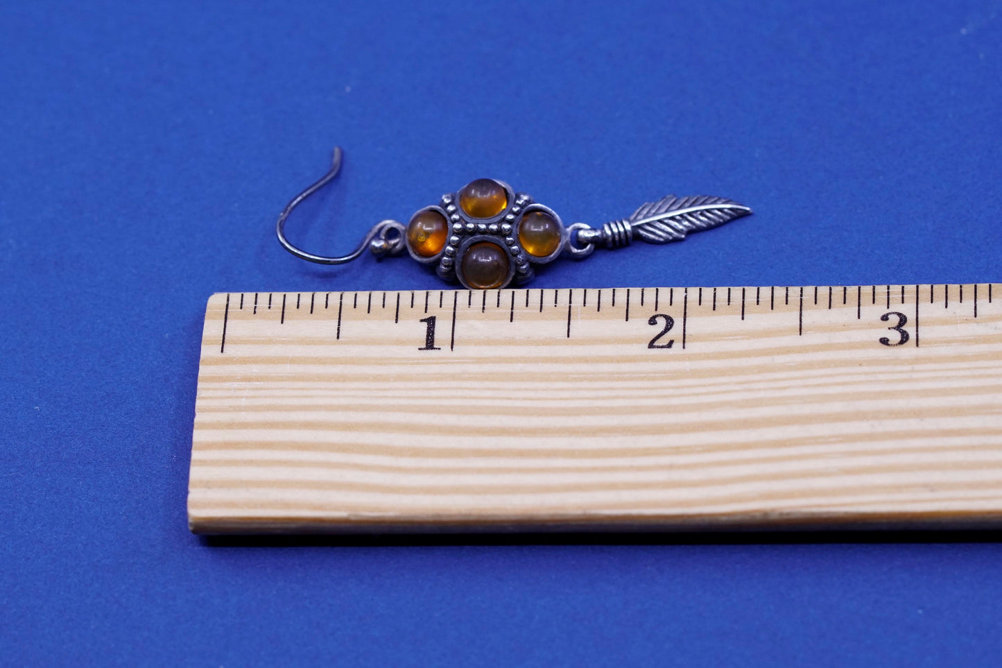 Vintage sterling 925 silver handmade earrings with amber and feather drop