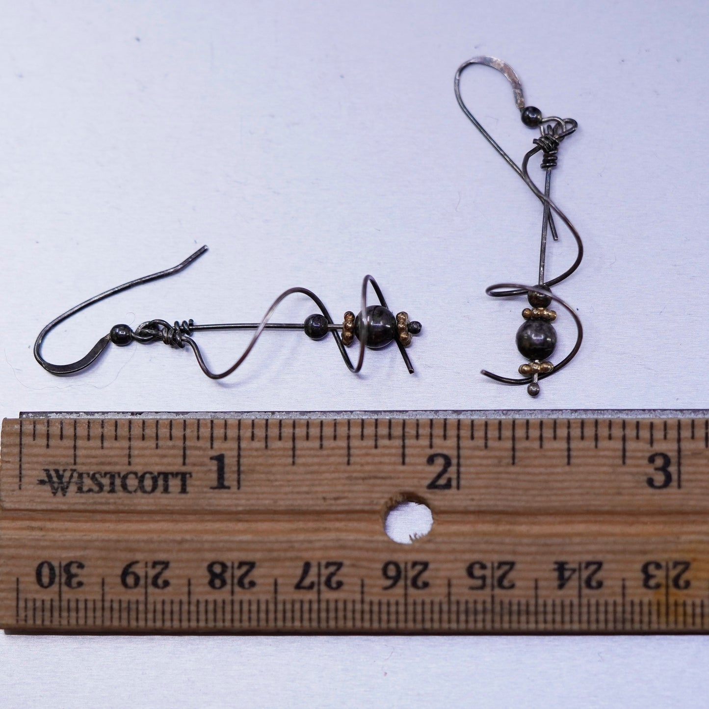Vintage Sterling 925 silver handmade twisted earrings drop with gold beads