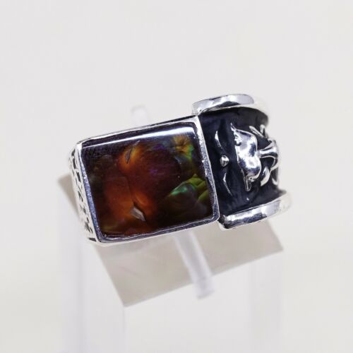 Sz 8.5, Vtg Statement Ring in Sterling Silver W/ Abalone N Leopard Face
