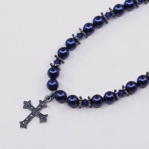 18” Vtg Sterling 925 Silver Handmade Black Pearl Necklace W/ Cross Pendant