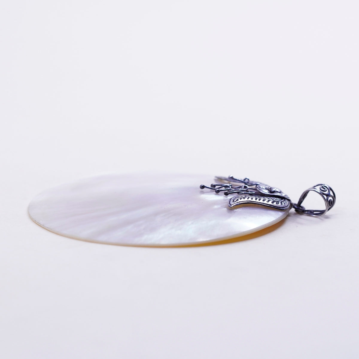 Vintage sterling silver handmade pendant, huge 925 round circle mother of pearl