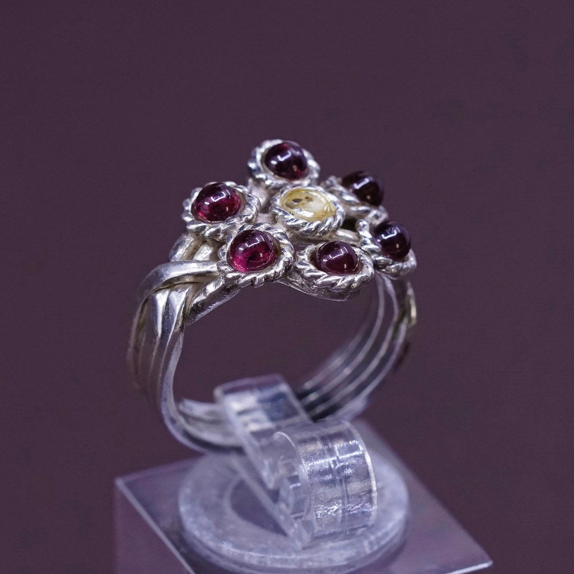 sz 5.5, vtg Sterling silver handmade ring, 925 band w/ Garnet