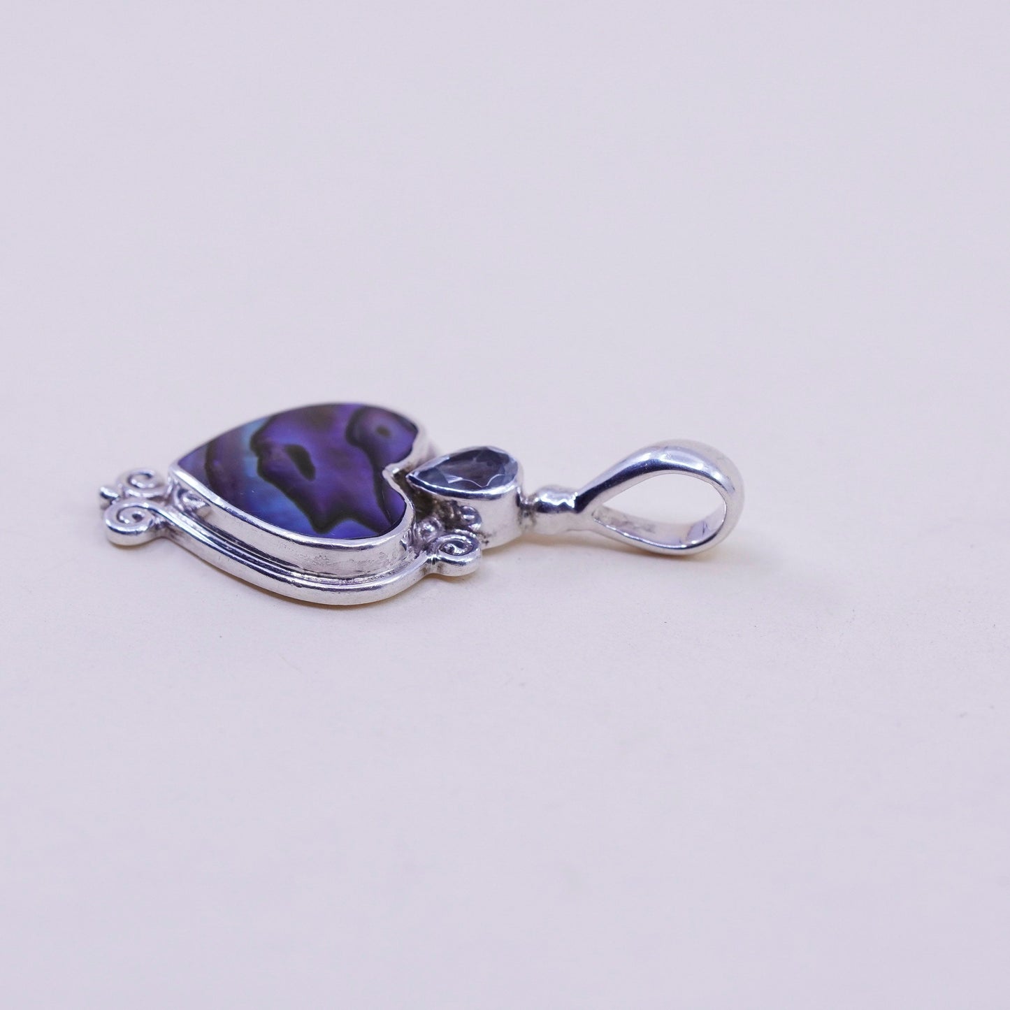 Vintage sajen Sterling 925 silver heart pendant with abalone and topaz
