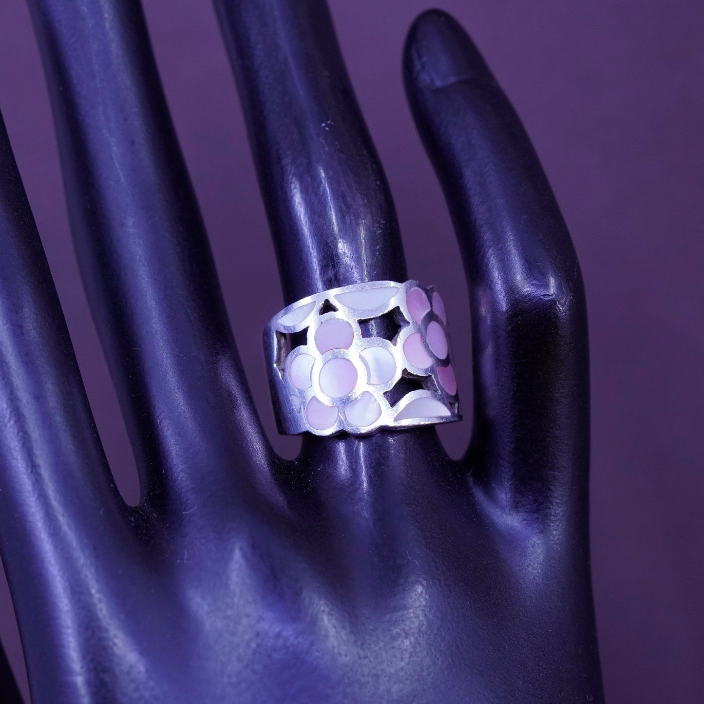 Size 6.5, Vintage Sterling silver handmade ring, 925 band with pink flower