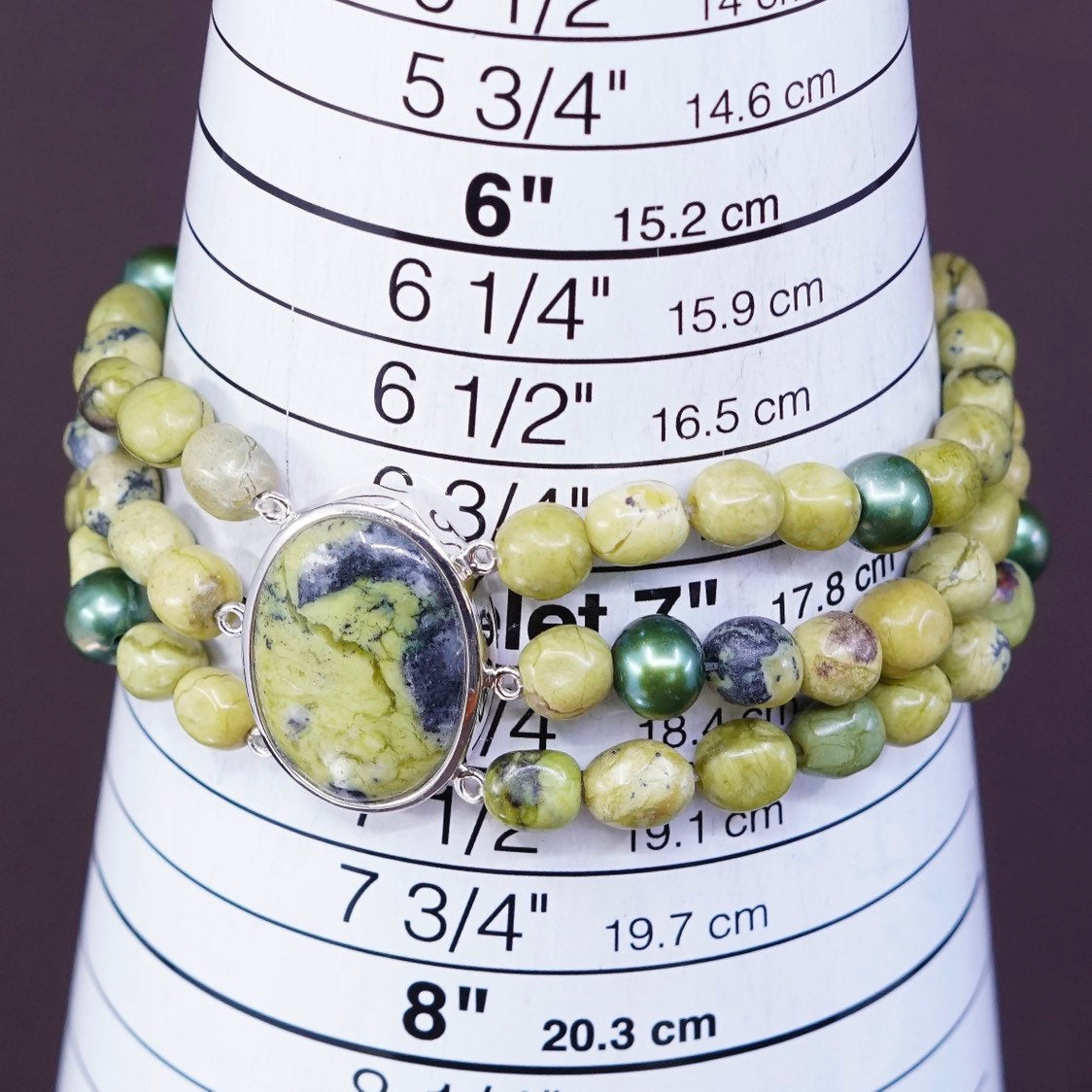 7” vtg sterling 925 silver handmade bracelet, green beads elastic band