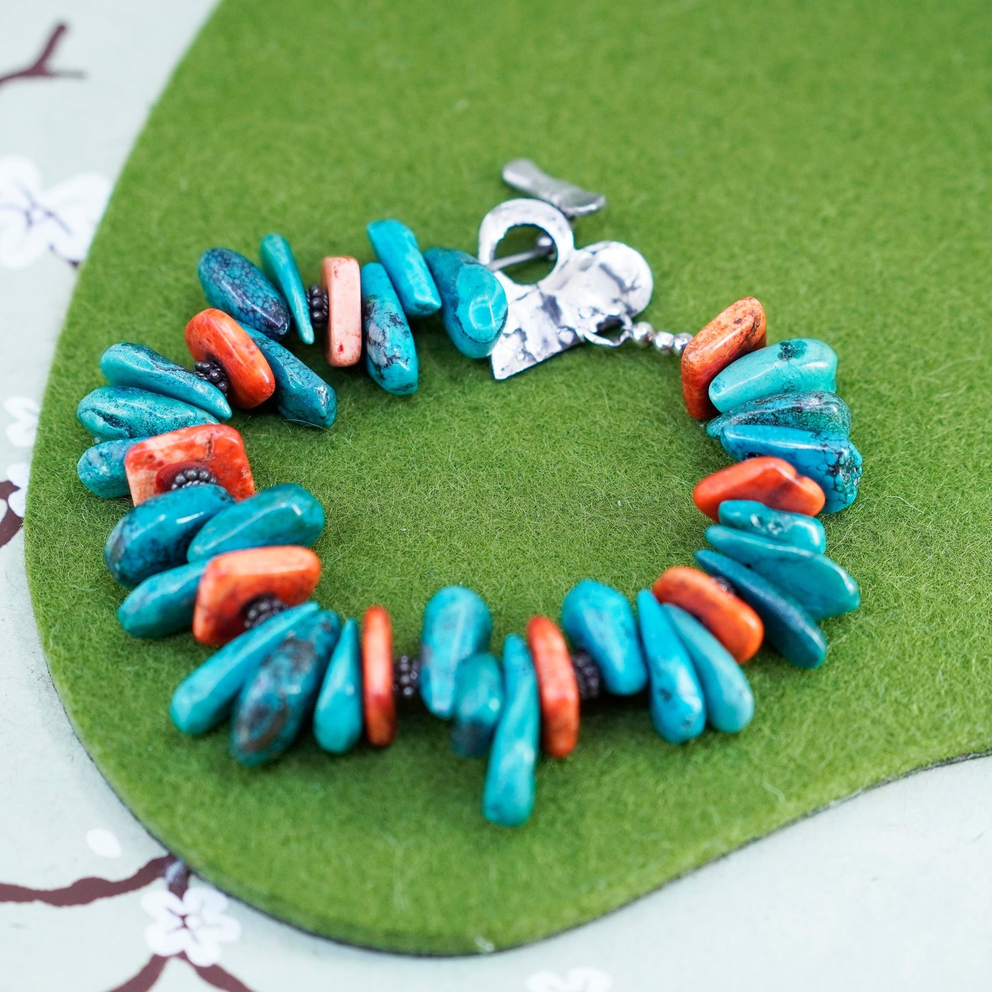 7”, southwestern Sterling 925 silver handmade bracelet turquoise coral beads