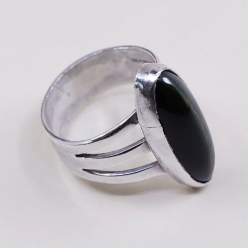 Sz 6, Vtg Handmade Sterling 925 Silver Ring W/ Black Tiger Eye, Silver Tested