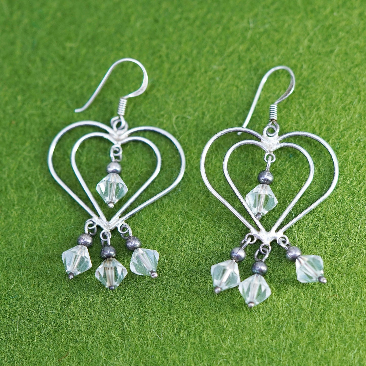 Vintage sterling silver handmade earrings, 925 heart with clear crystal