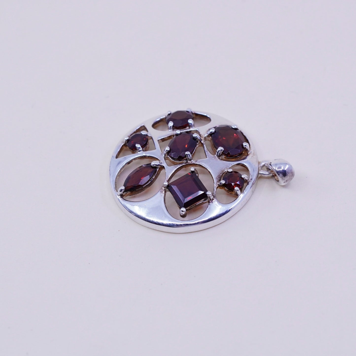 Vintage sterling silver handmade pendant, modern 925 circle with ruby