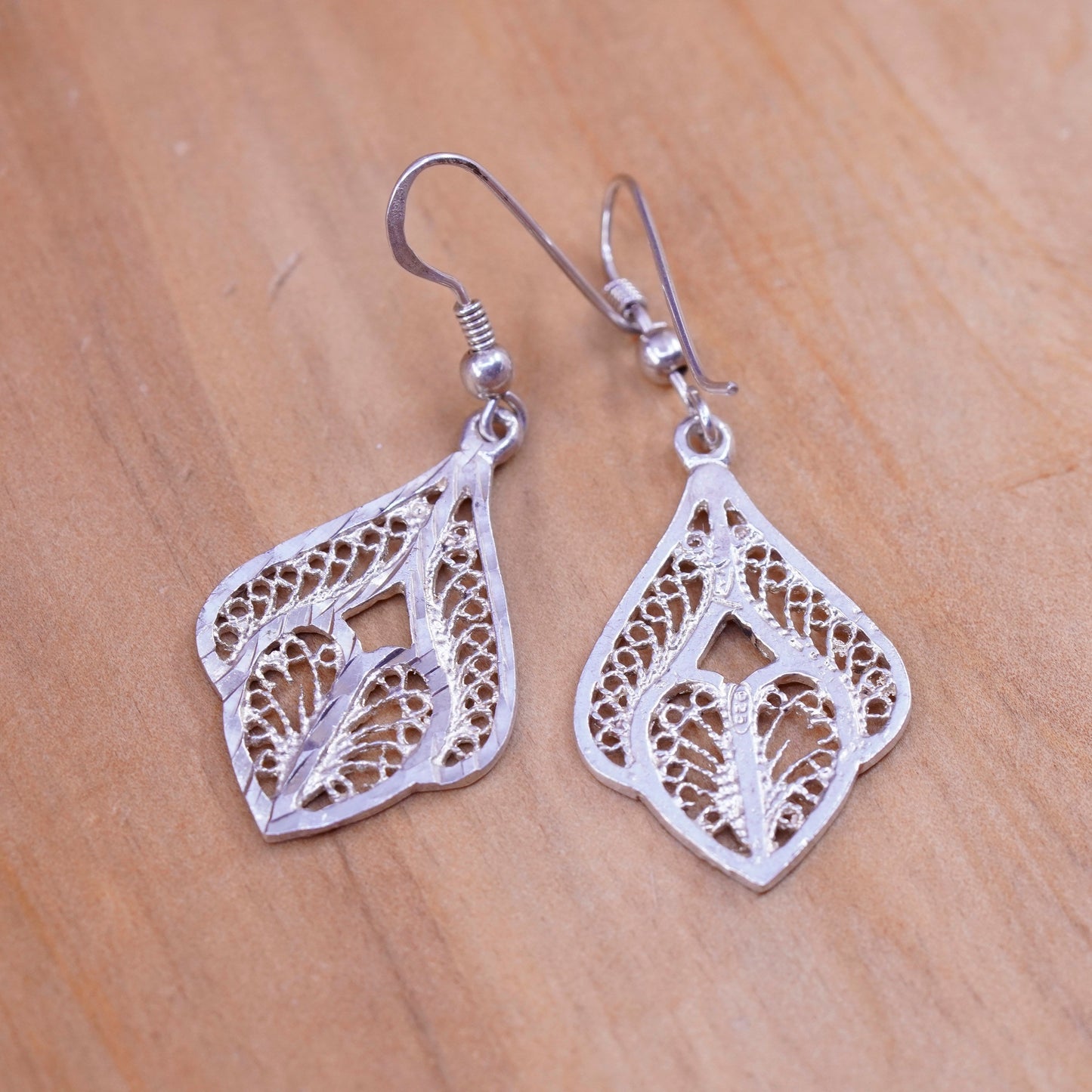 Vintage Sterling silver handmade earrings, 925 Filigree teardrops