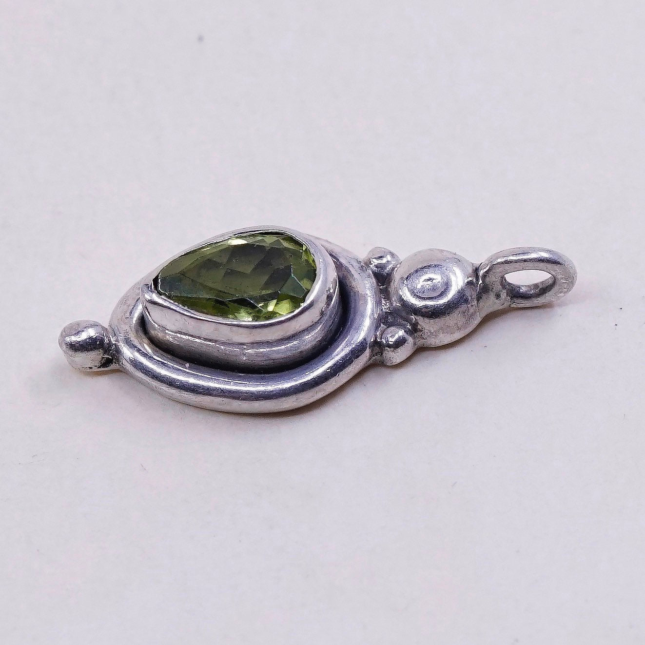 vtg handmade Sterling silver angel pendant, 925 silver with teardrop peridot