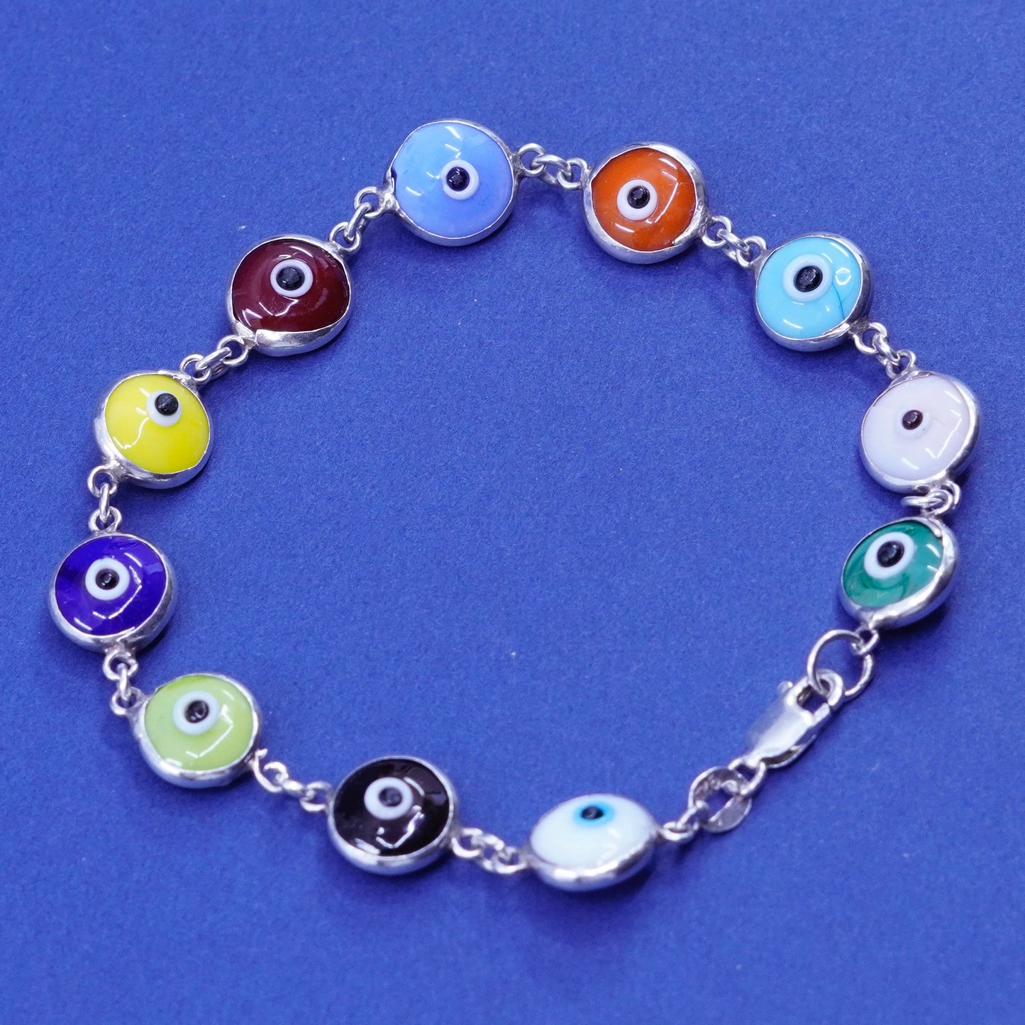 7”, vtg ATI handmade sterling 925 silver bracelet, colorful glass evil eye bead