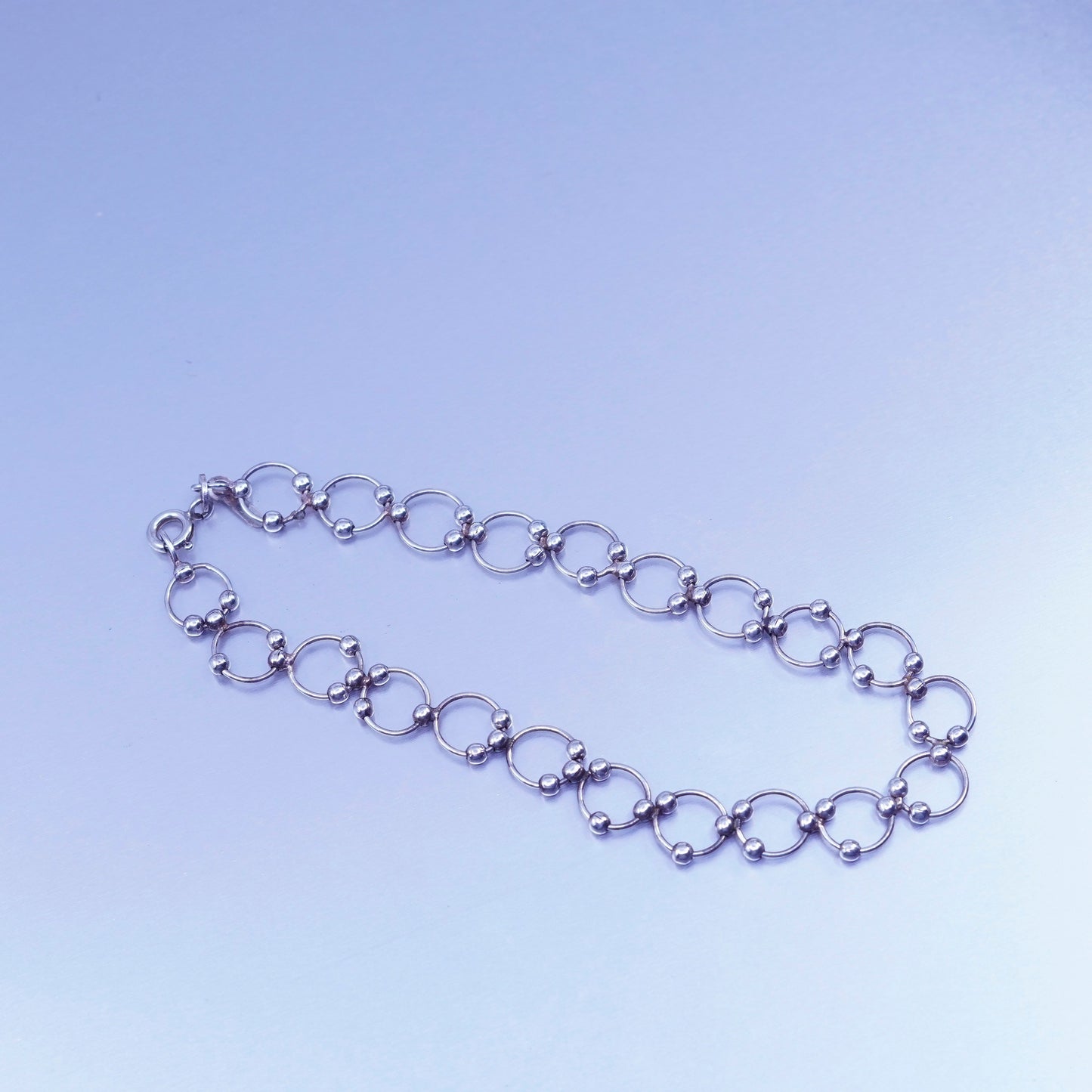 8.5”, Sterling 925 silver handmade bracelet, circle link charm chain with beads
