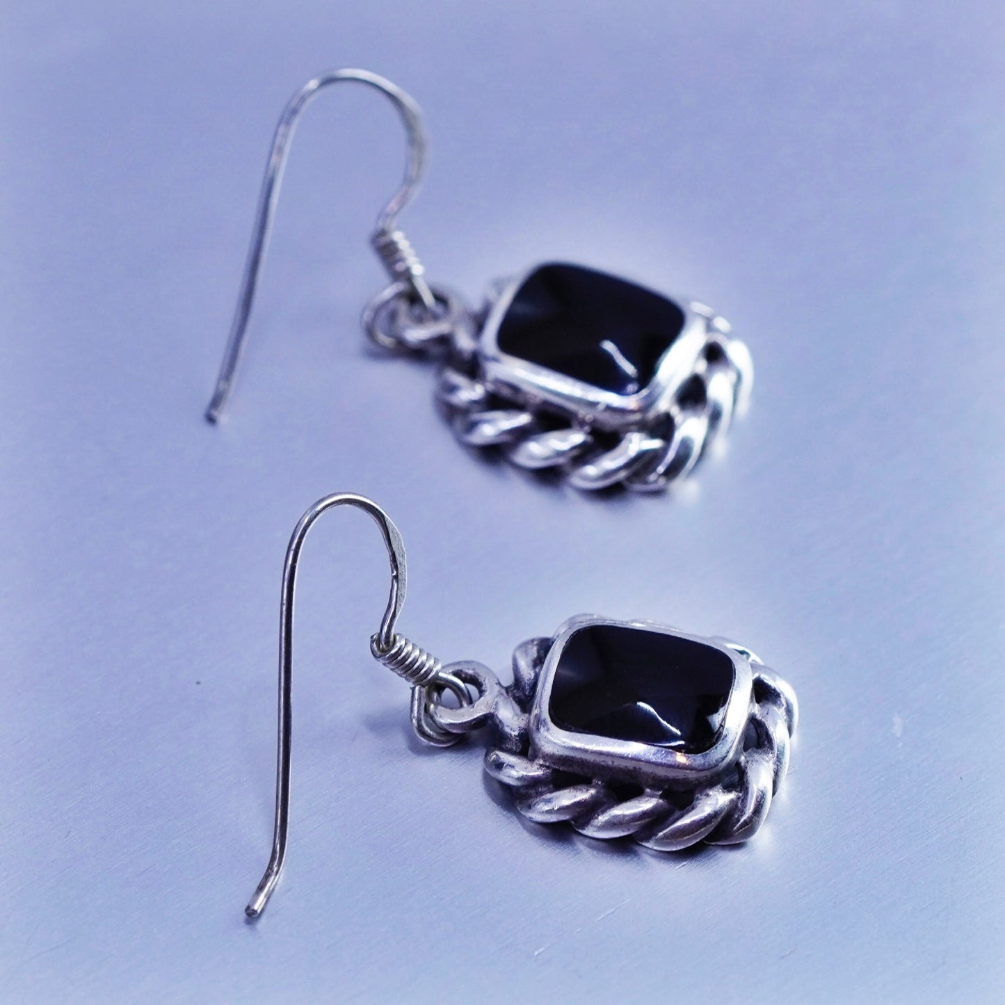 Vintage Sterling 925 silver handmade earrings with black onyx and cable around