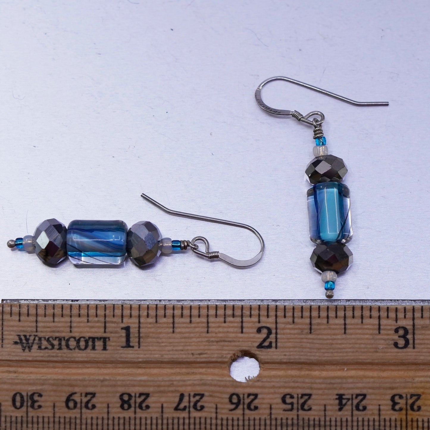 vintage Sterling silver handmade earrings, 925 blue glass tube