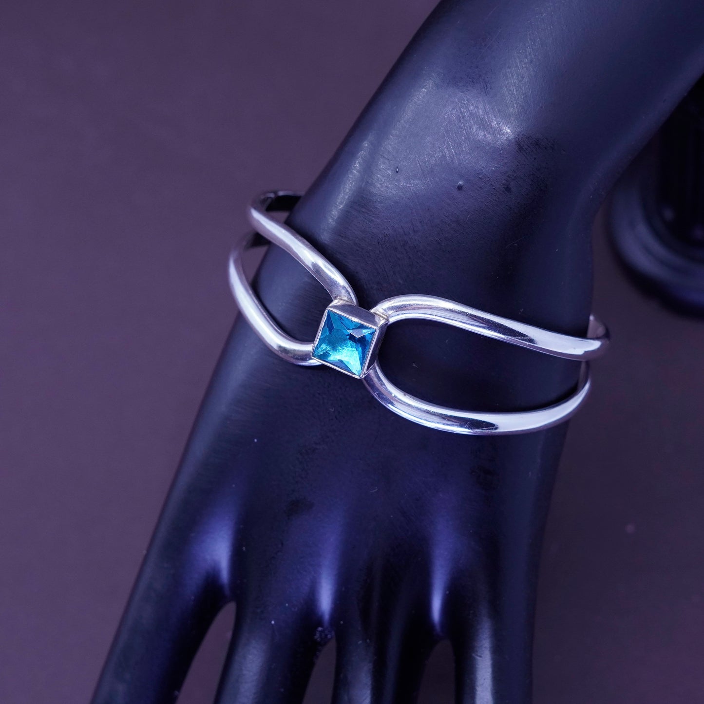7”, antique sterling silver handmade bracelet, 925 wavy cuff with square topaz