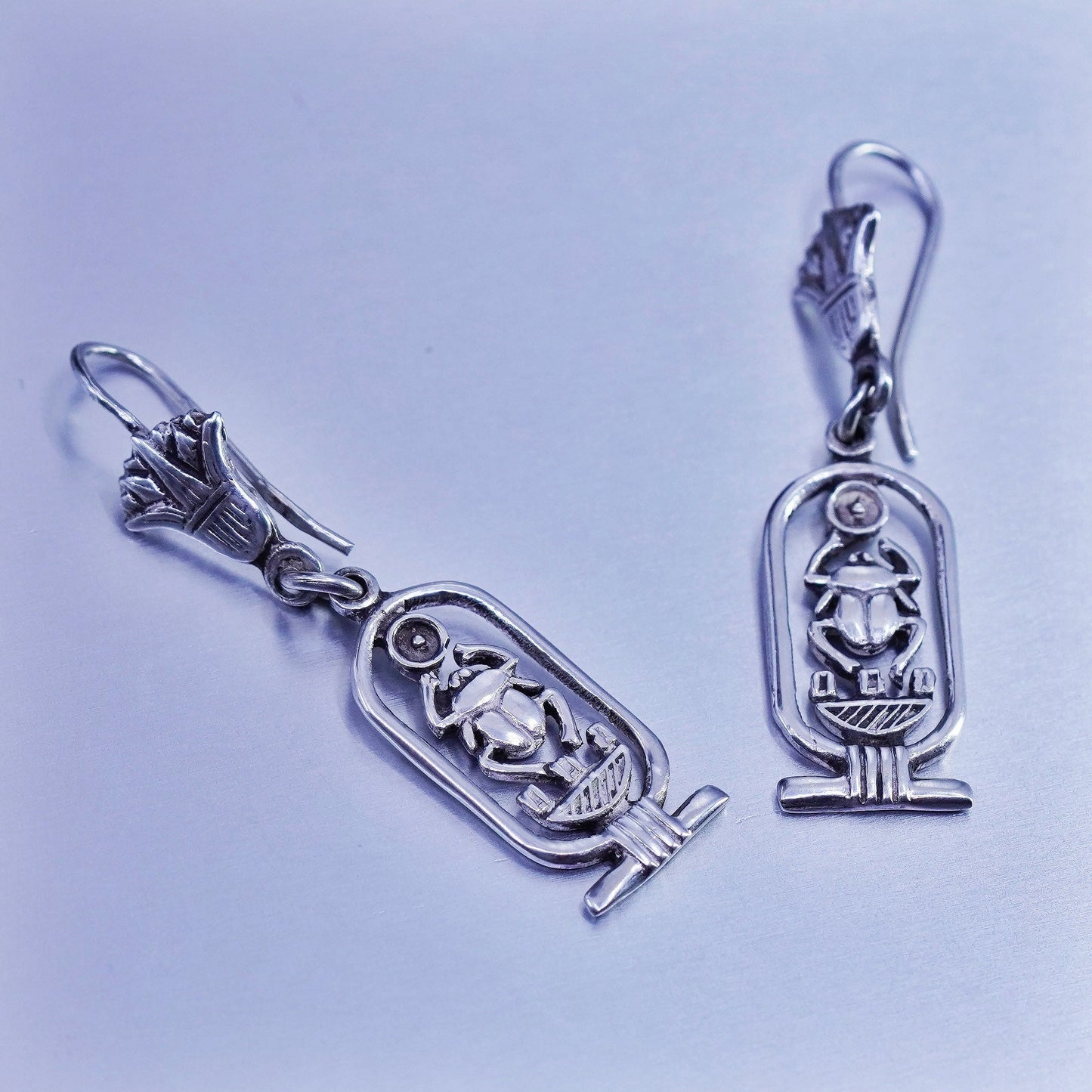 vtg Egyptian Sterling silver handmade earrings, 925 Scarab dung beetle dangles