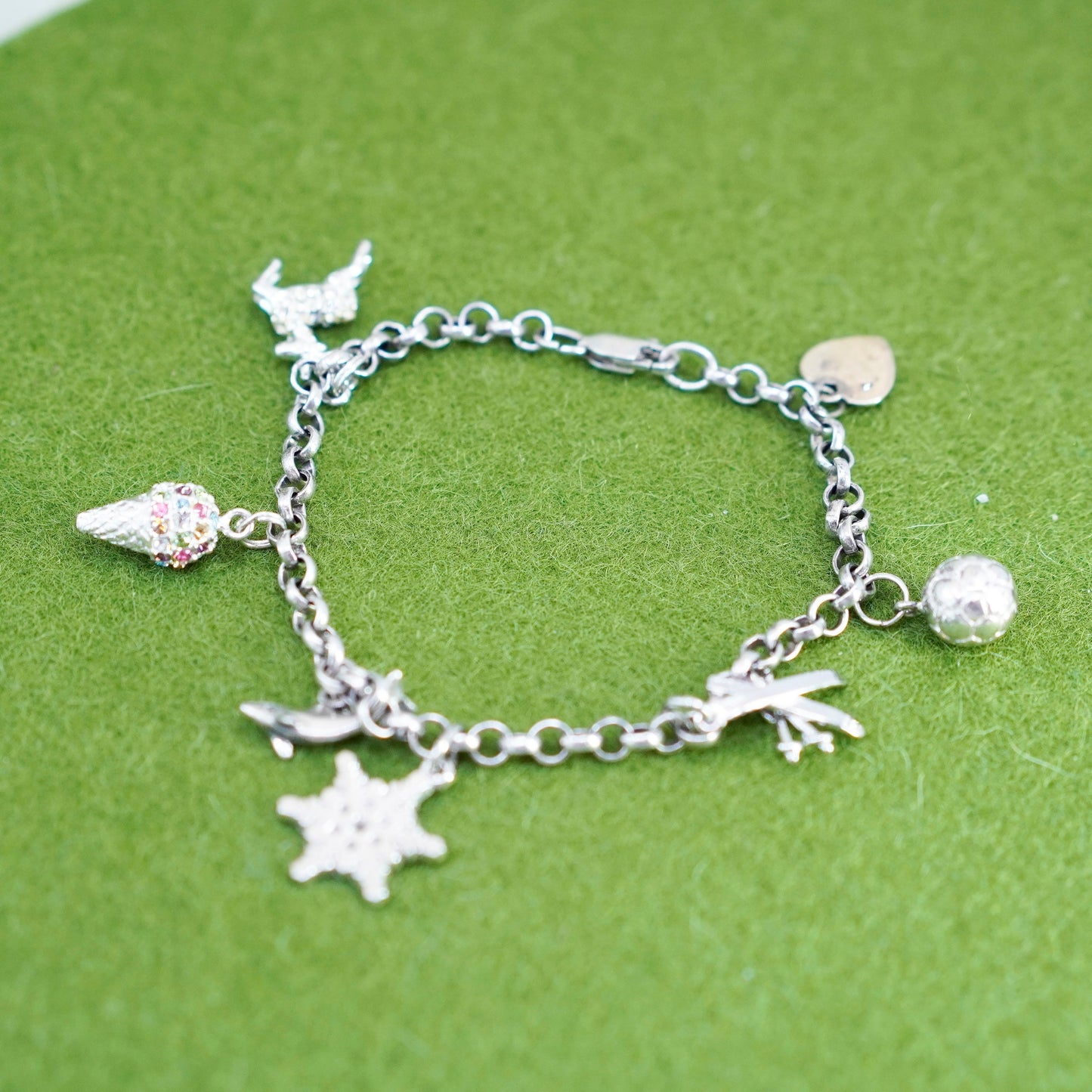 6.5”, sterling 925 silver circle charm bracelet ice cream snowflake football