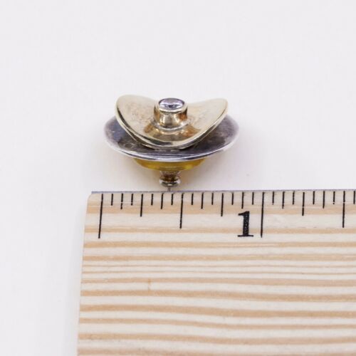 Vtg Modern Two Tone Sterling Silver Handmade Earrings, 925 Studs W/ Cz