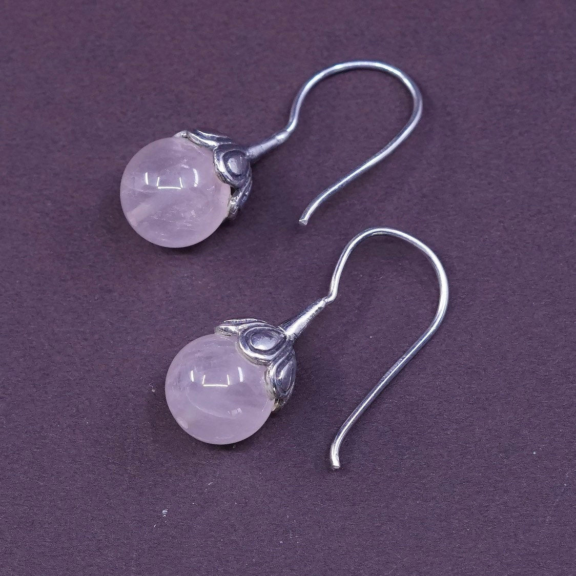 Sterling silver handmade earrings, Mexico 925 flower bud hooks w/ pink quartz