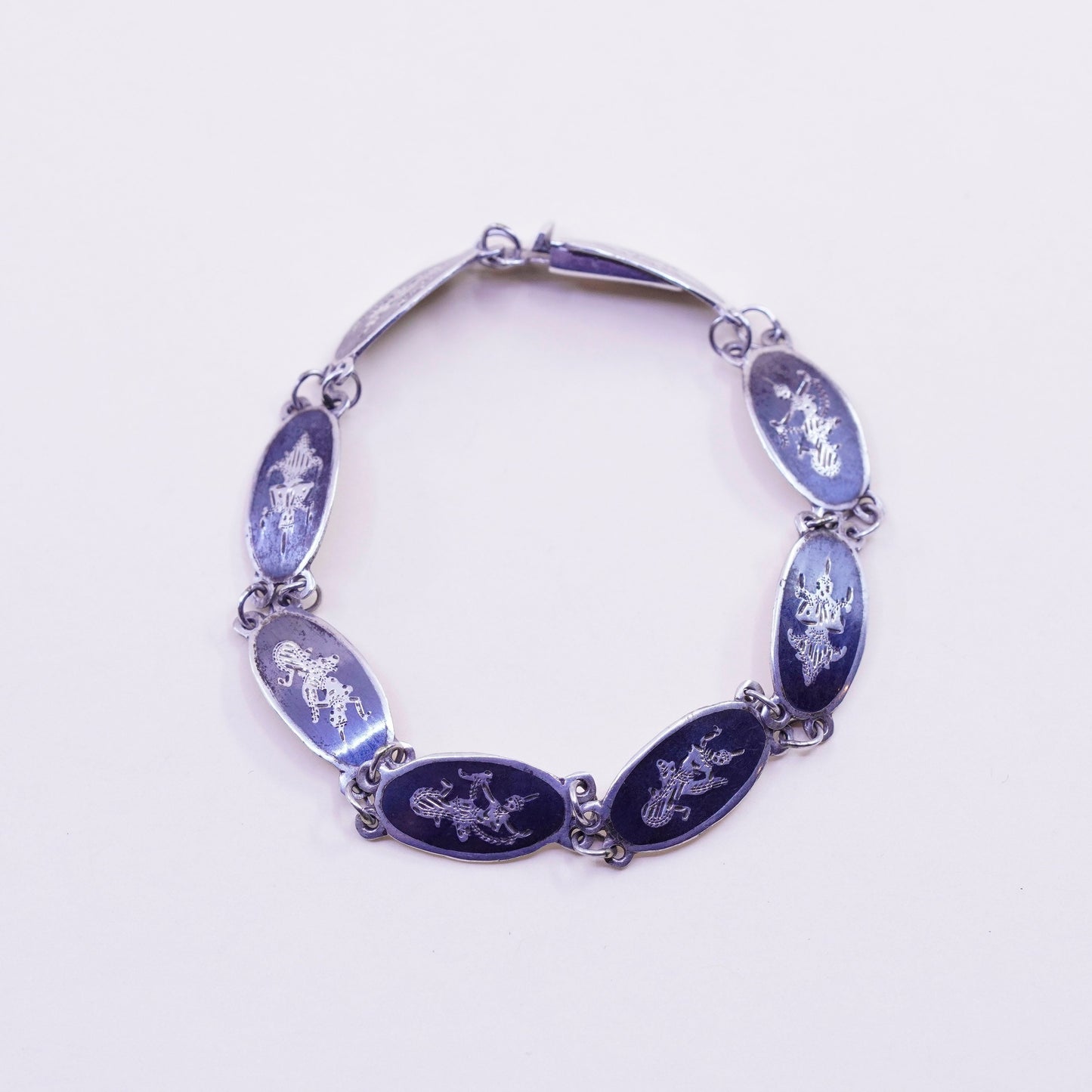 6.5”, Vintage Indian Siam sterling silver bracelet, 925 disc engraved goddess