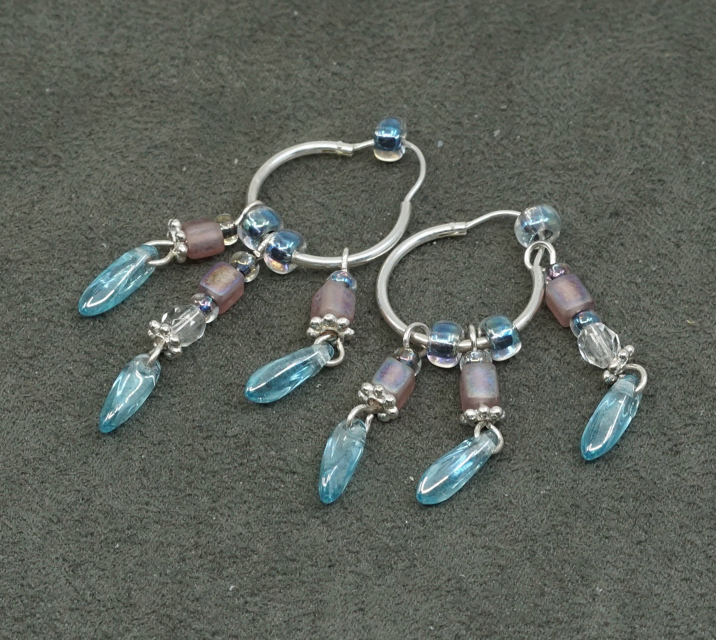 0.75", vtg Sterling silver handmade hoops, 925 earrings w/ fringe N crystal