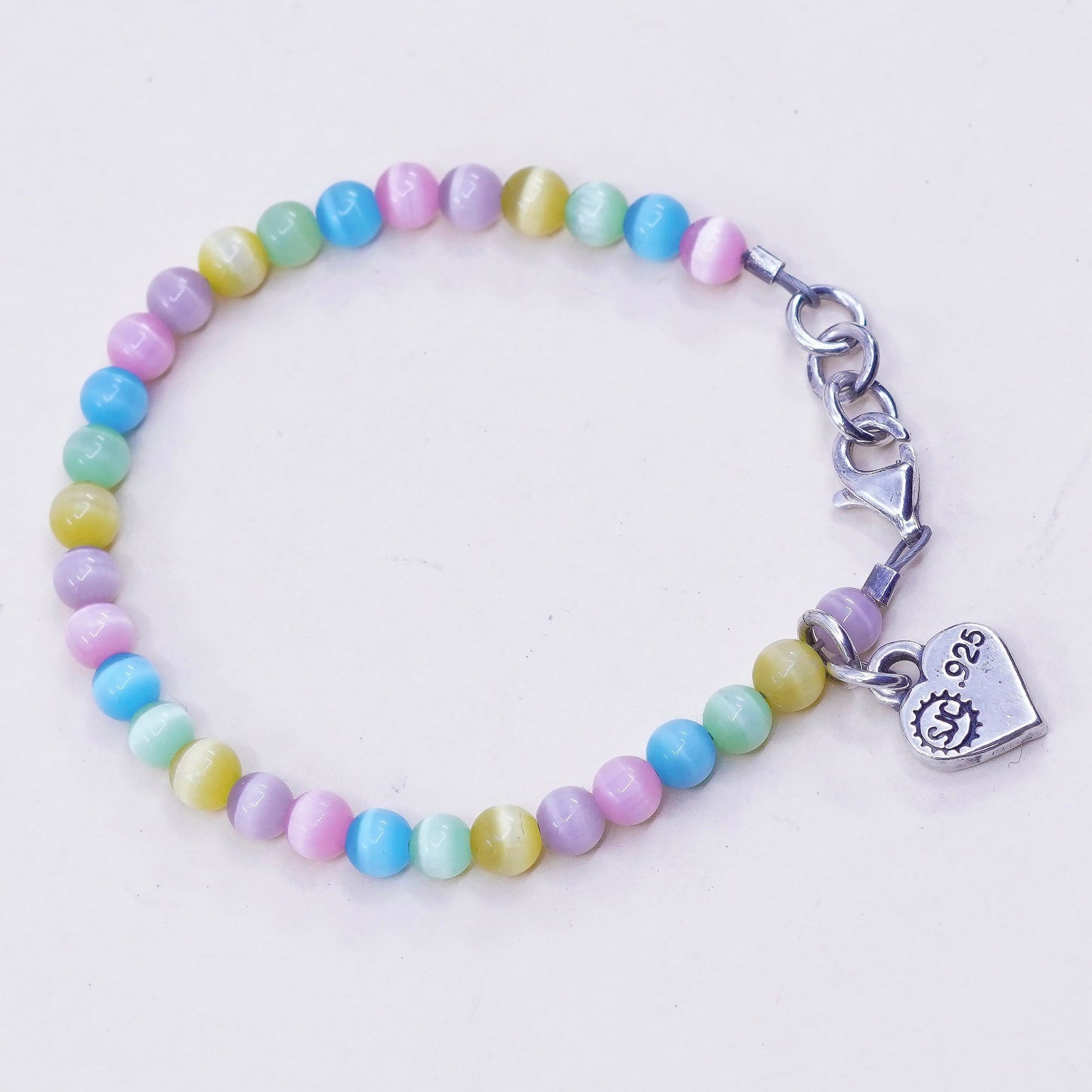 5.5”, sterling 925 silver handmade bracelet, colorful tiger eye heart charm