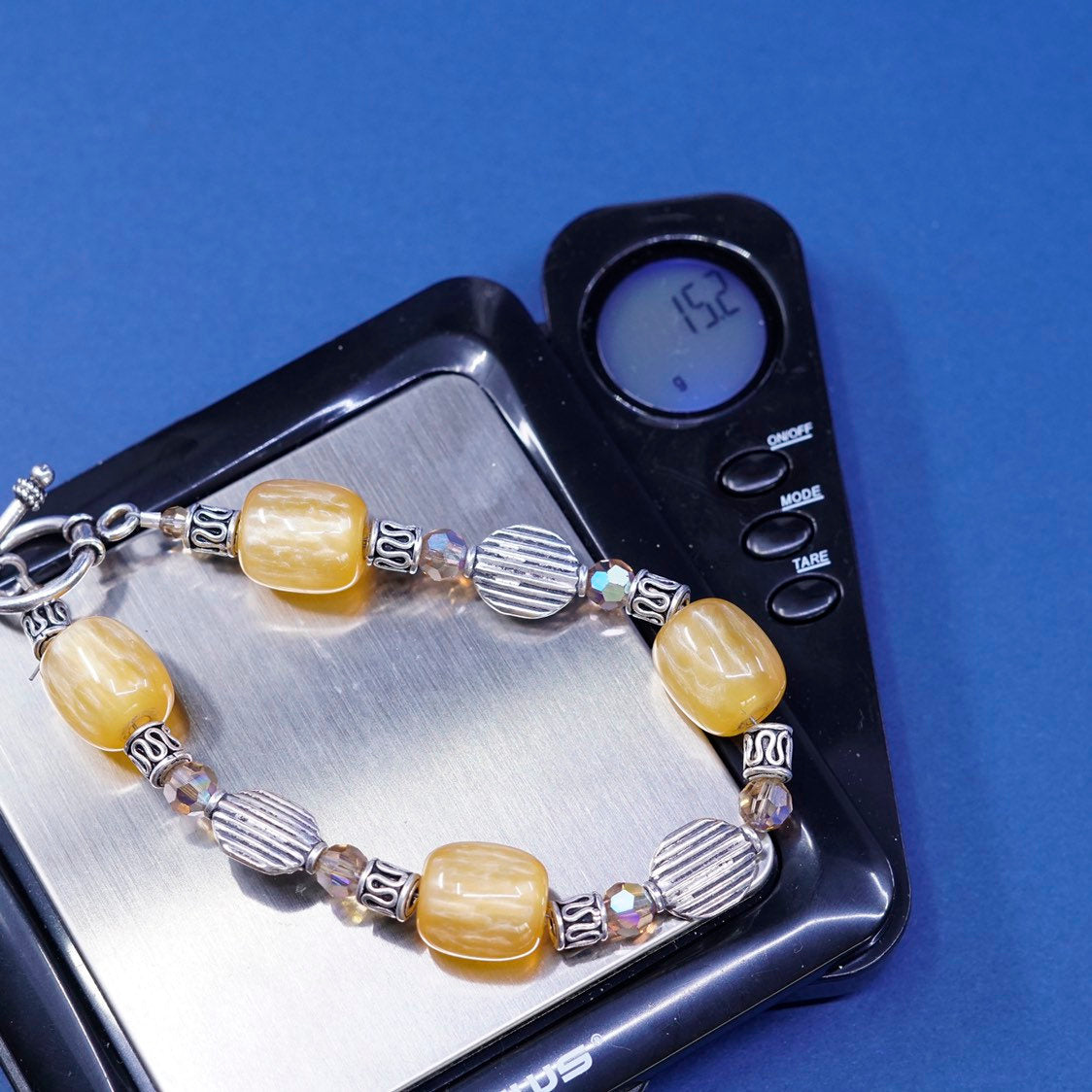 7”, vtg sterling silver handmade bracelet, 925 beads N yellow beads w/ toggle