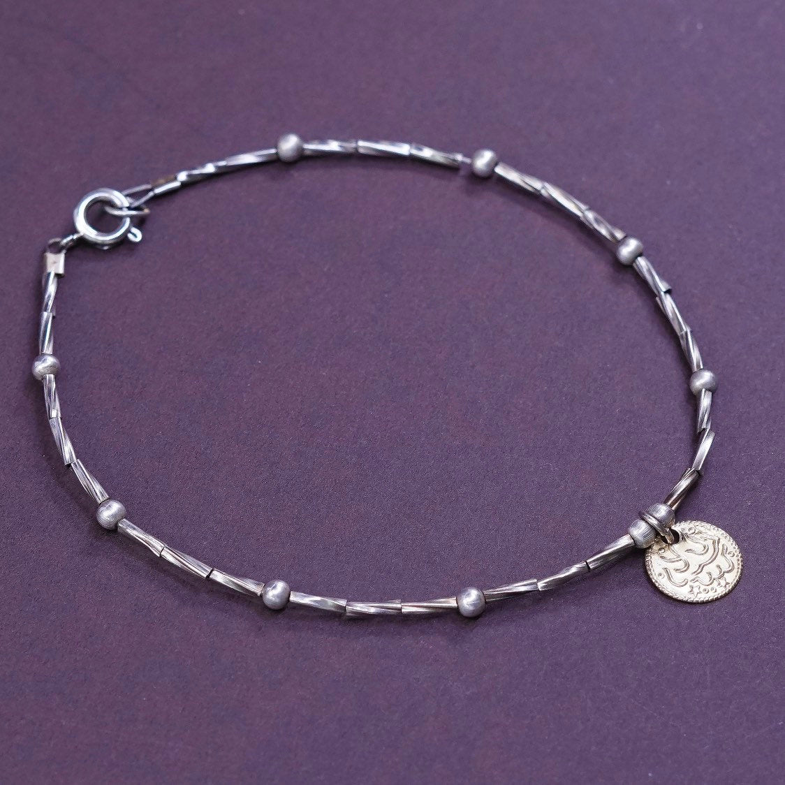 8.75", vtg Sterling silver bracelet, Italy 925 bar w/ beads chain gold charm
