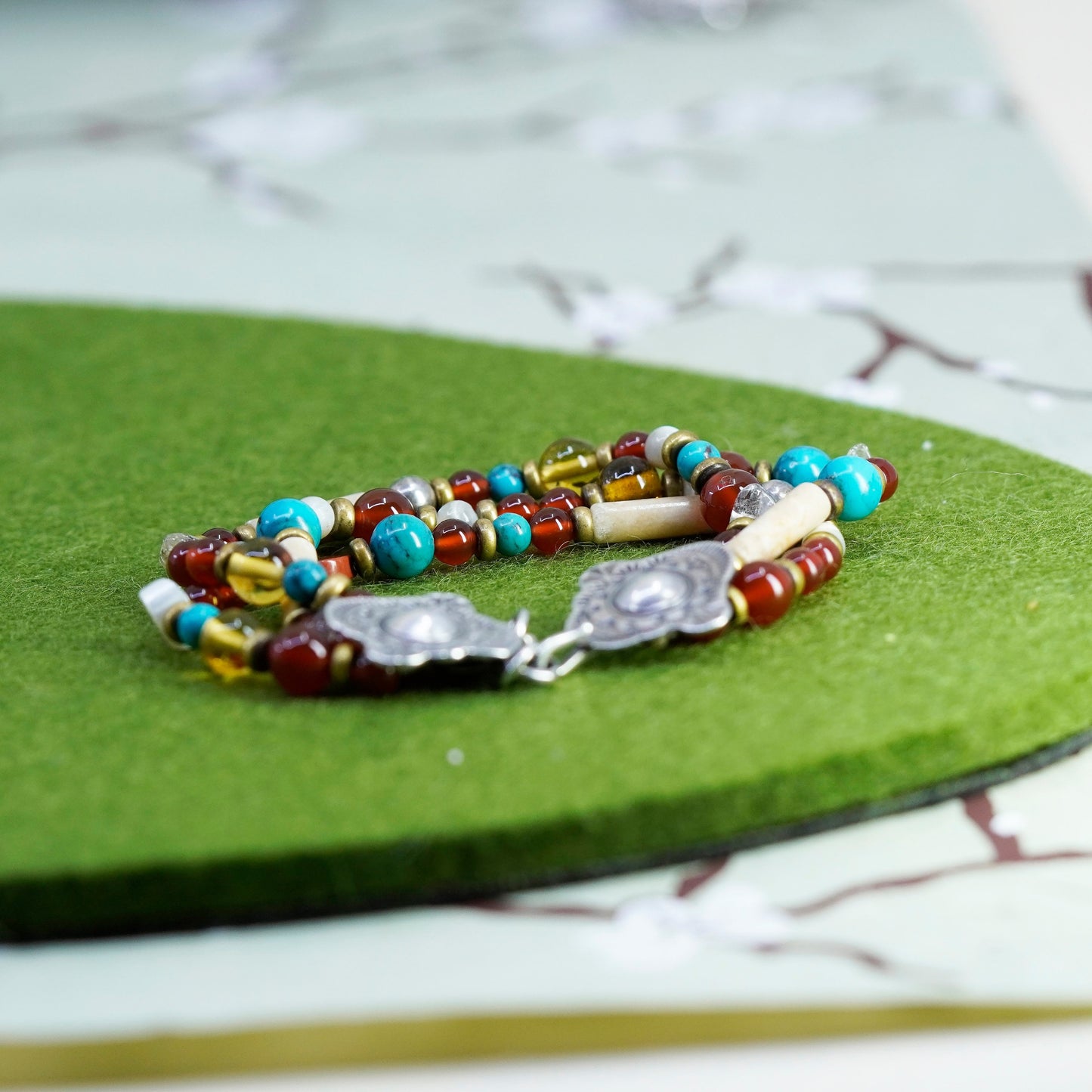5.5+1”, southwestern 925 Sterling silver bracelet garnet beads jasper turquoise