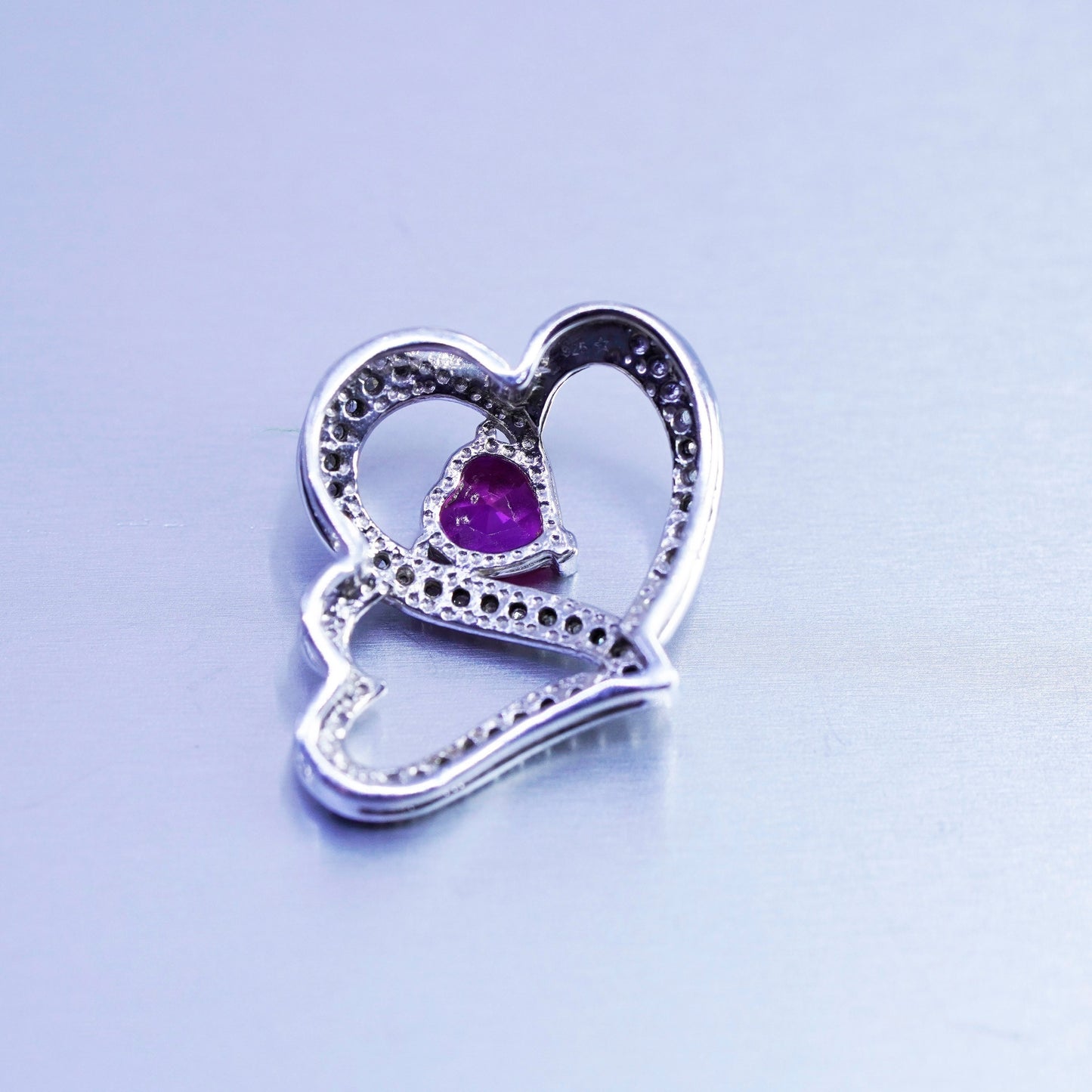 Vintage sterling 925 silver double heart pendant with diamond and ruby