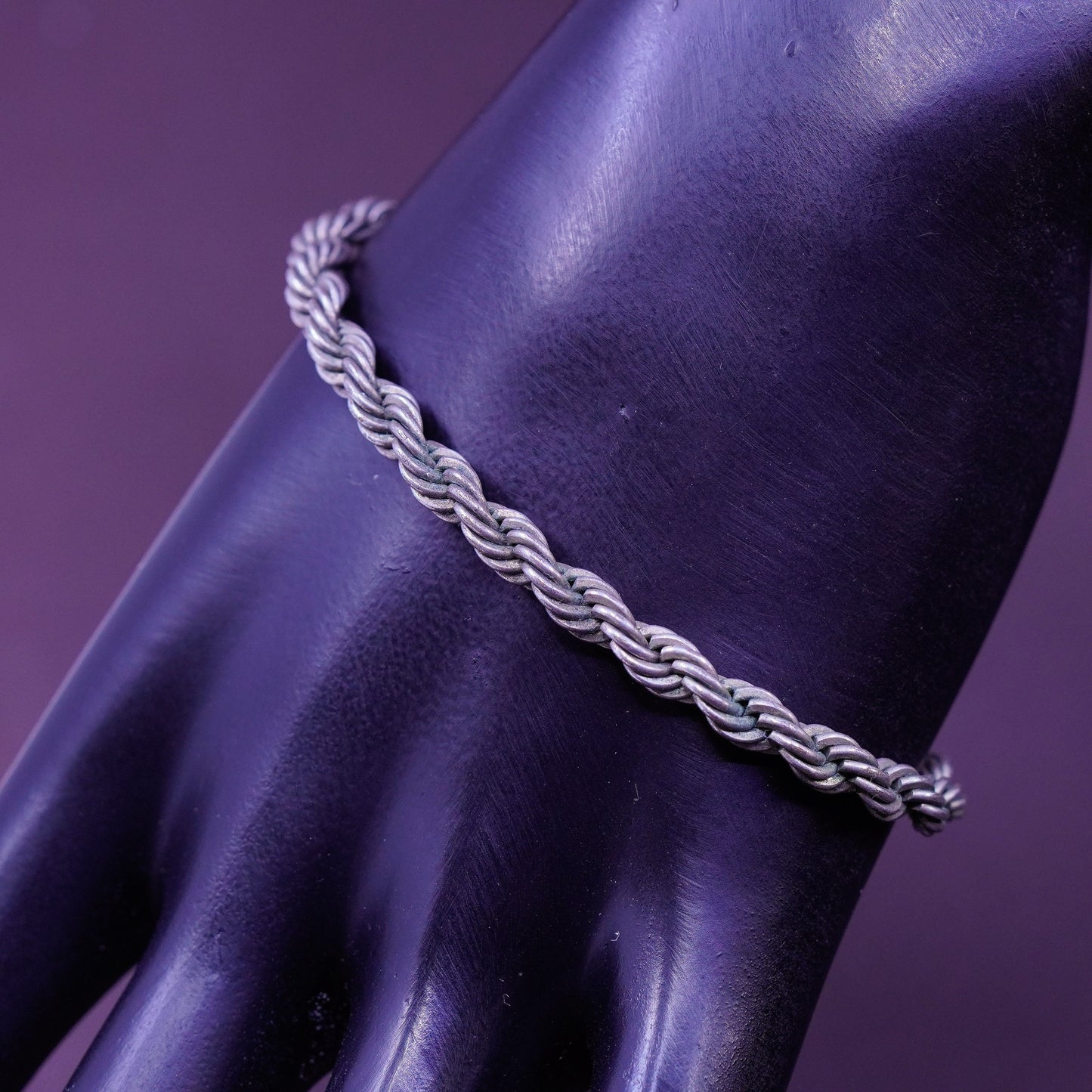 7”, 5mm, vintage Sterling silver bracelet, Italy 925 flatten rope chain