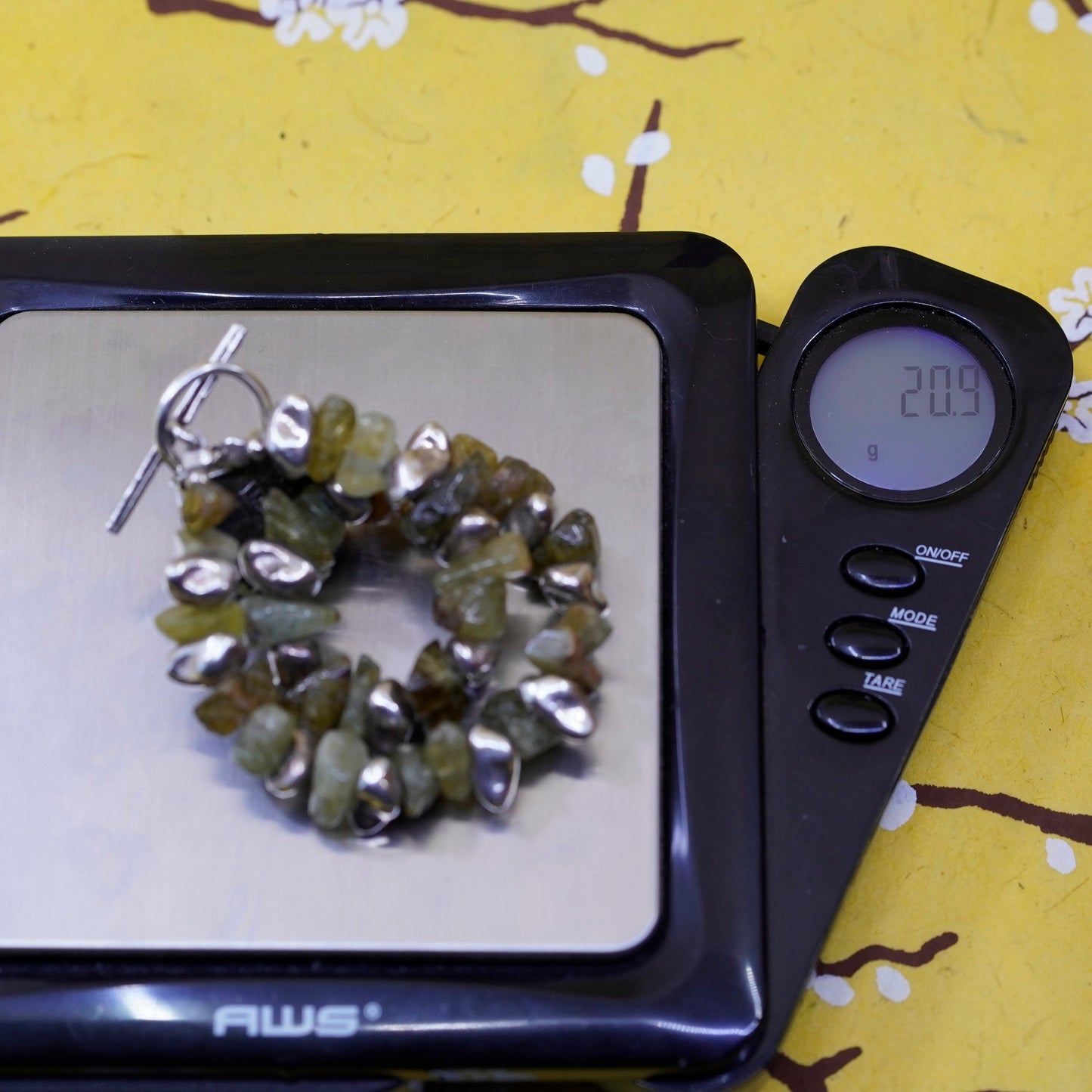 6.75”, Sterling 925 silver handmade bracelet, irregular jade nuggets toggle