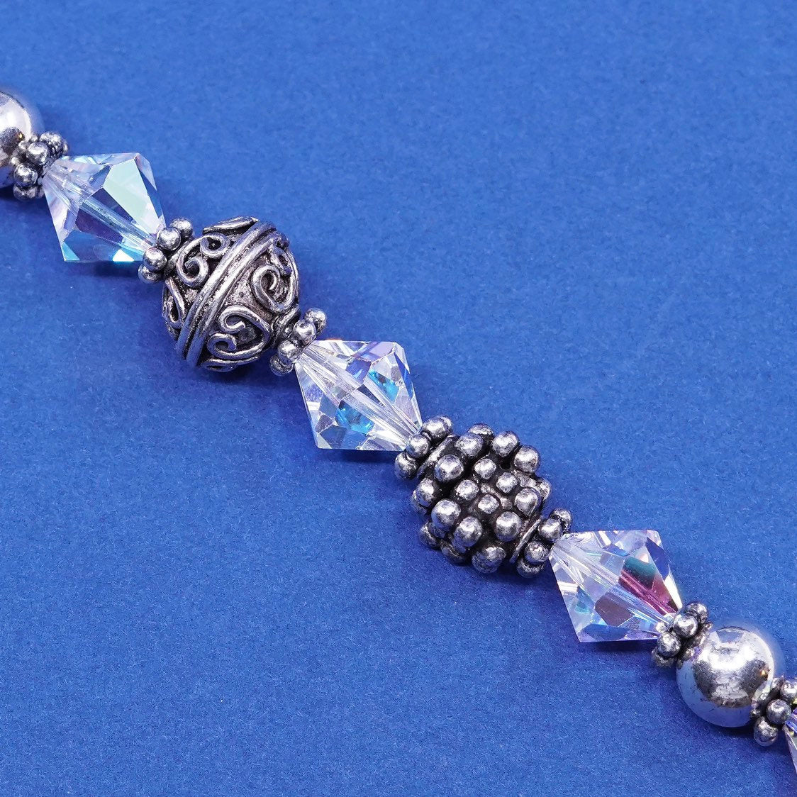 7.25”, sterling silver handmade bracelet, 925 w/ crystal beads N toggle closure