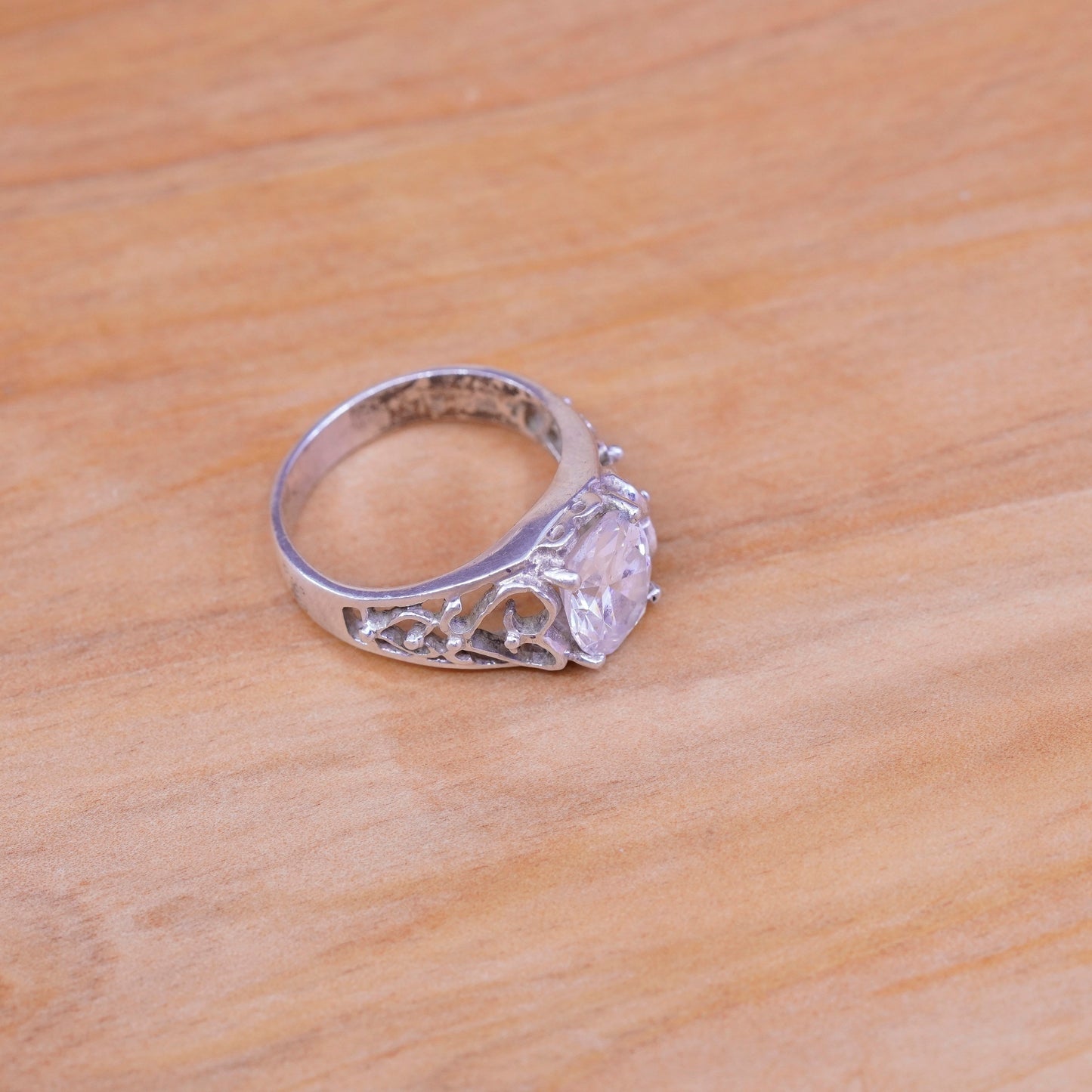 sz 7.25, kabana Sterling Silver Handmade ring, 925 filigree heart band with Cz