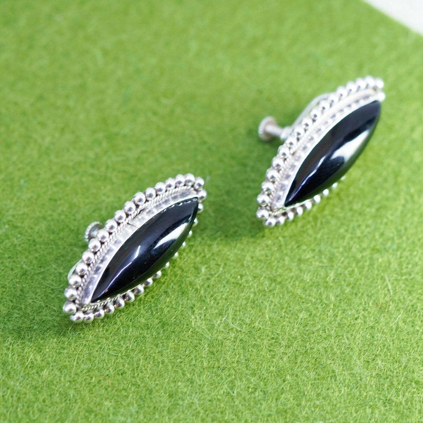 Vintage sterling 925 silver handmade screw back earrings with obsidian beads