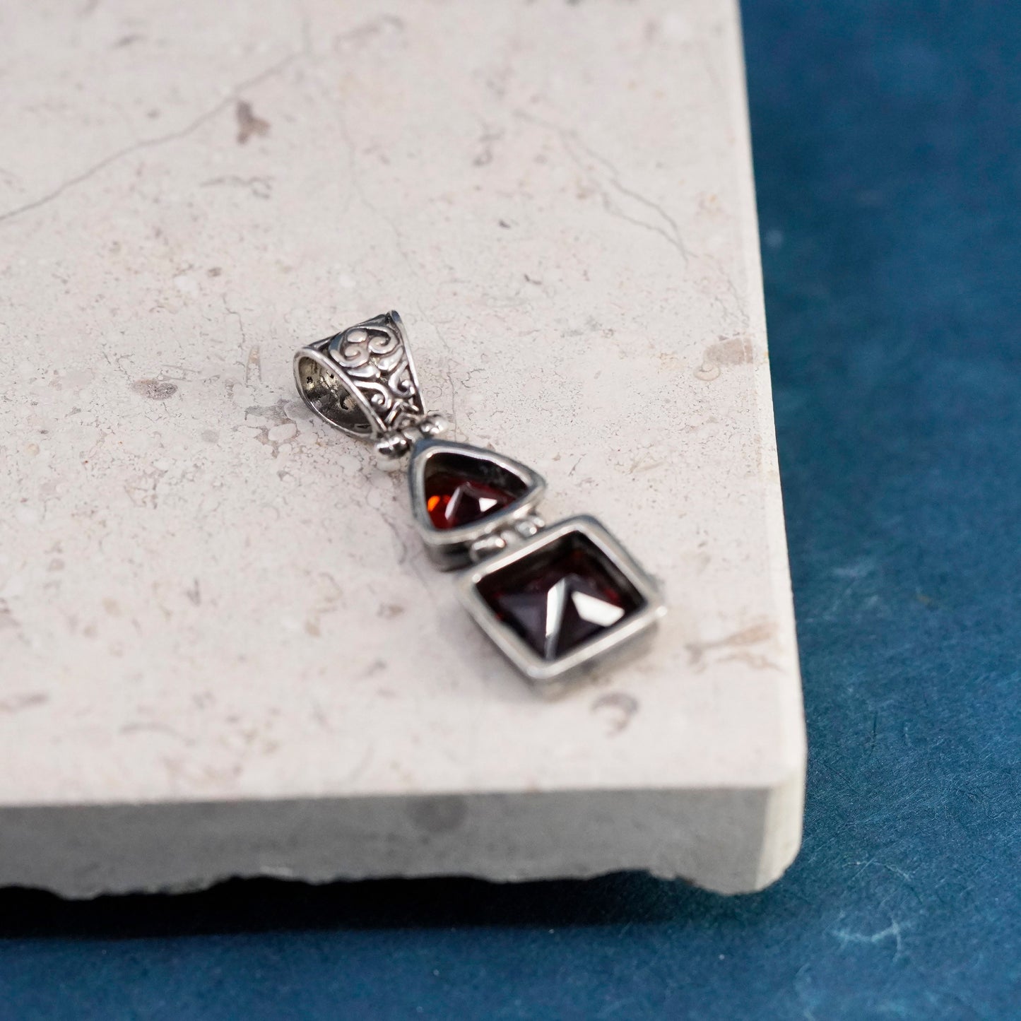 Vintage Sterling 925 silver handmade pendant with square ruby