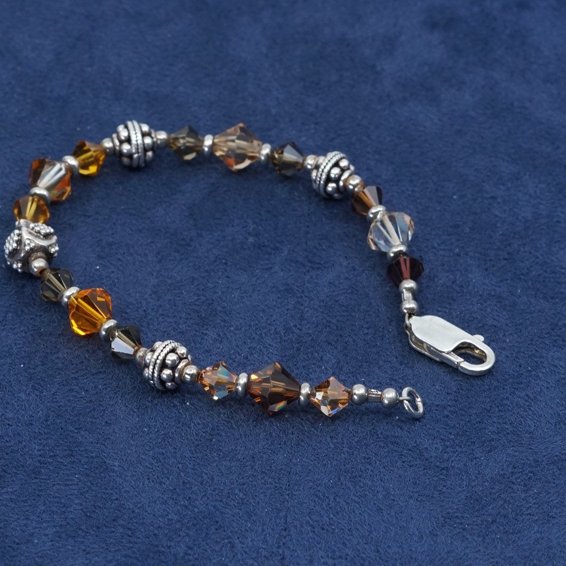 7", vtg handmade sterling silver bracelet, colorful glass beads, stamped 925