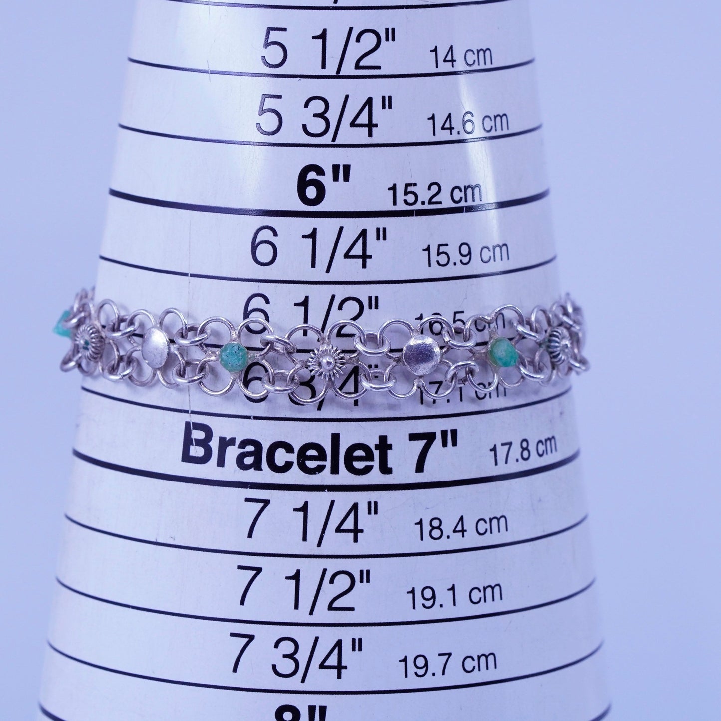 6.75”, vintage Sterling 925 silver bracelet with clover links and peridot