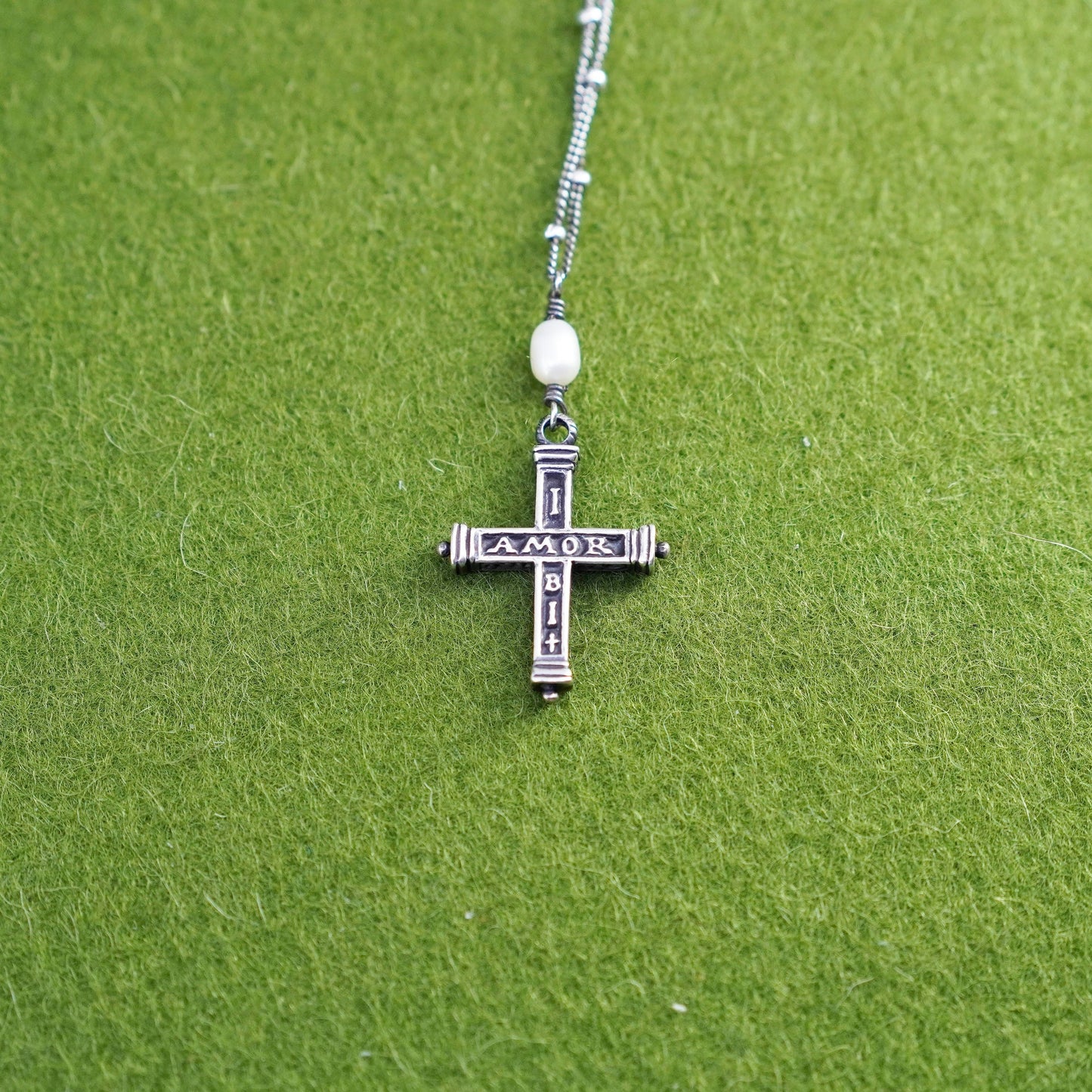 18”, Sterling 925 silver handmade beaded chain necklace with cross pendant