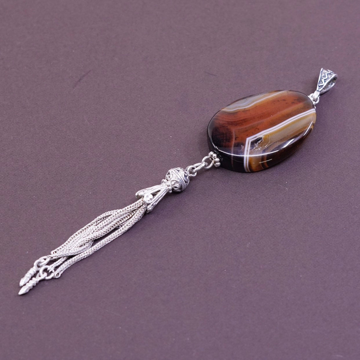 Southwestern Sterling silver handmade pendant, 925 w/ agate N wheat fringe